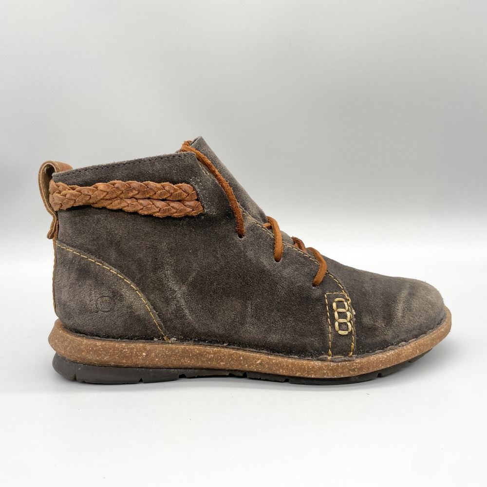 Born Womens 9.5 Temple Boots Grey Suede Braided Leather Lace Up Booties Boho - Picture 1 of 10